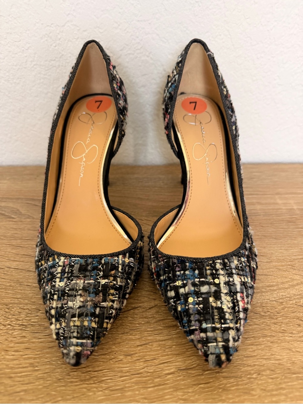 NEW Jessica Simpson Black Tweed Pointed Toe Pumps with Multicolor Accents ~ W 7